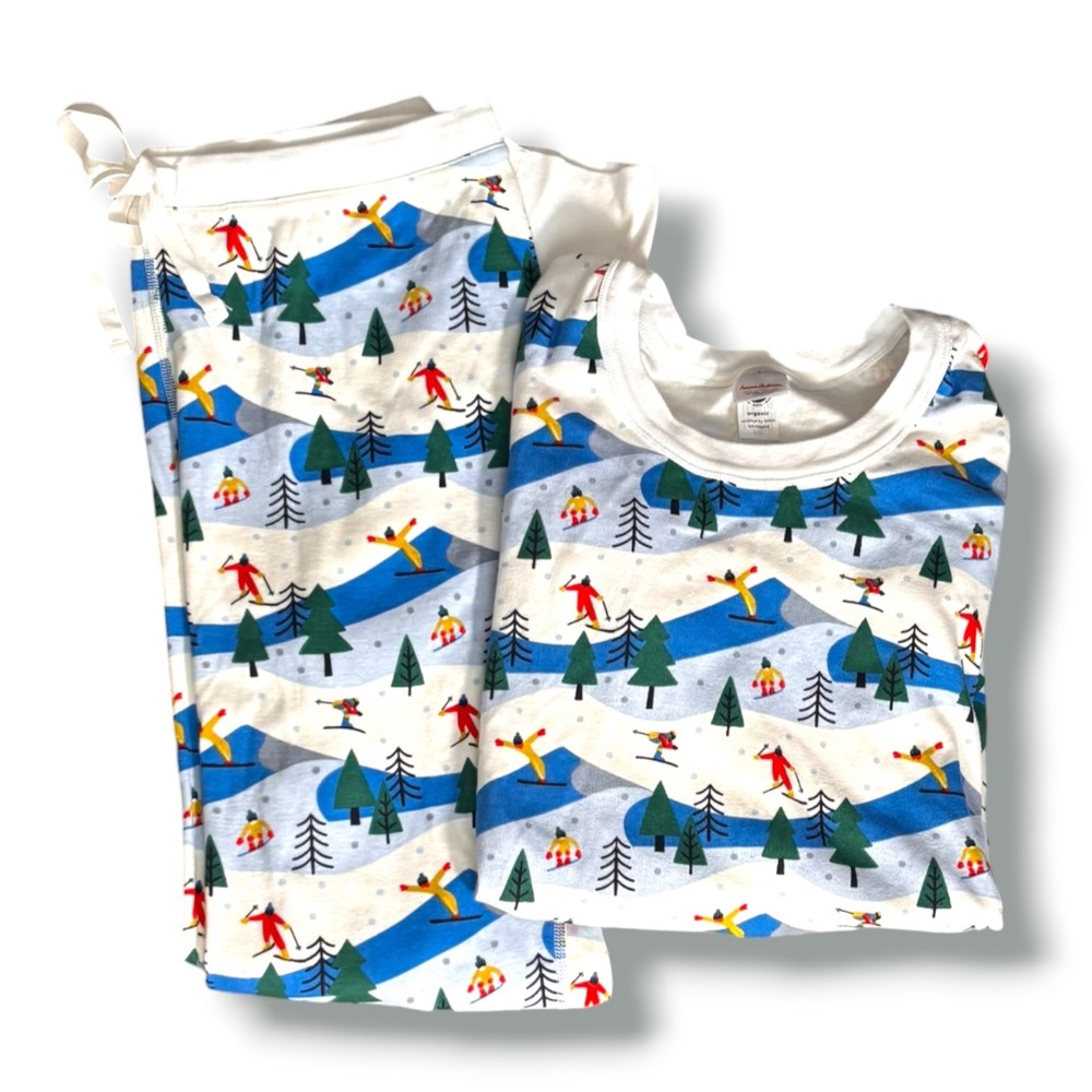 Hanna Andersson Womens Organic Cotton Ski Scene Pajama Set Blue White Winter